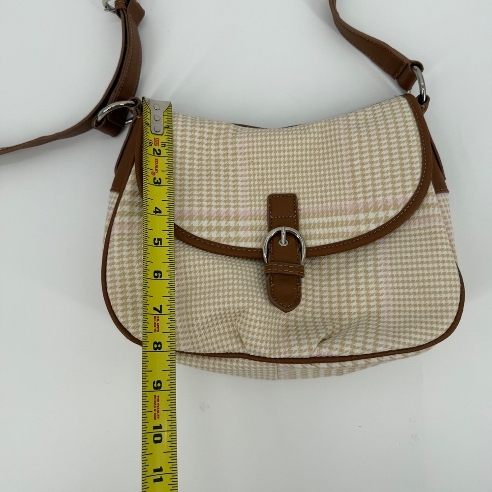 Y2K Satchel Houndstooth Crossbody Bag Brown Trim Pink Lining Adjustable Strap - Picture 5 of 8